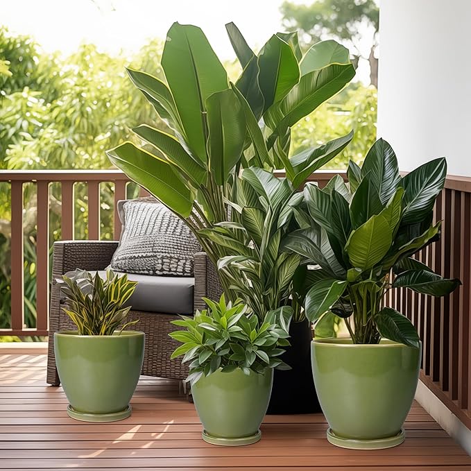 Ceramic Planters for Indoor Plants - 6 Inch Plant Pot with Drainage Hole and Saucer Round Modern Flower Pot Home Garden Patio Decor Green