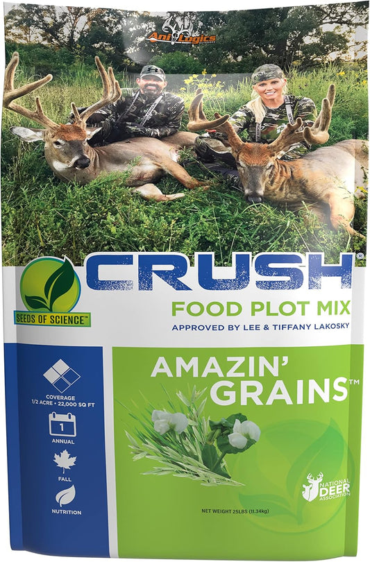 ANI-Logics Crush Amazin Grains - Fast-Growing Fall Deer Food Plot Seed - Multi-Species Forage, Cold-Hardy and Shade/Low-pH Tolerant for Reliable Draw - 25 lb