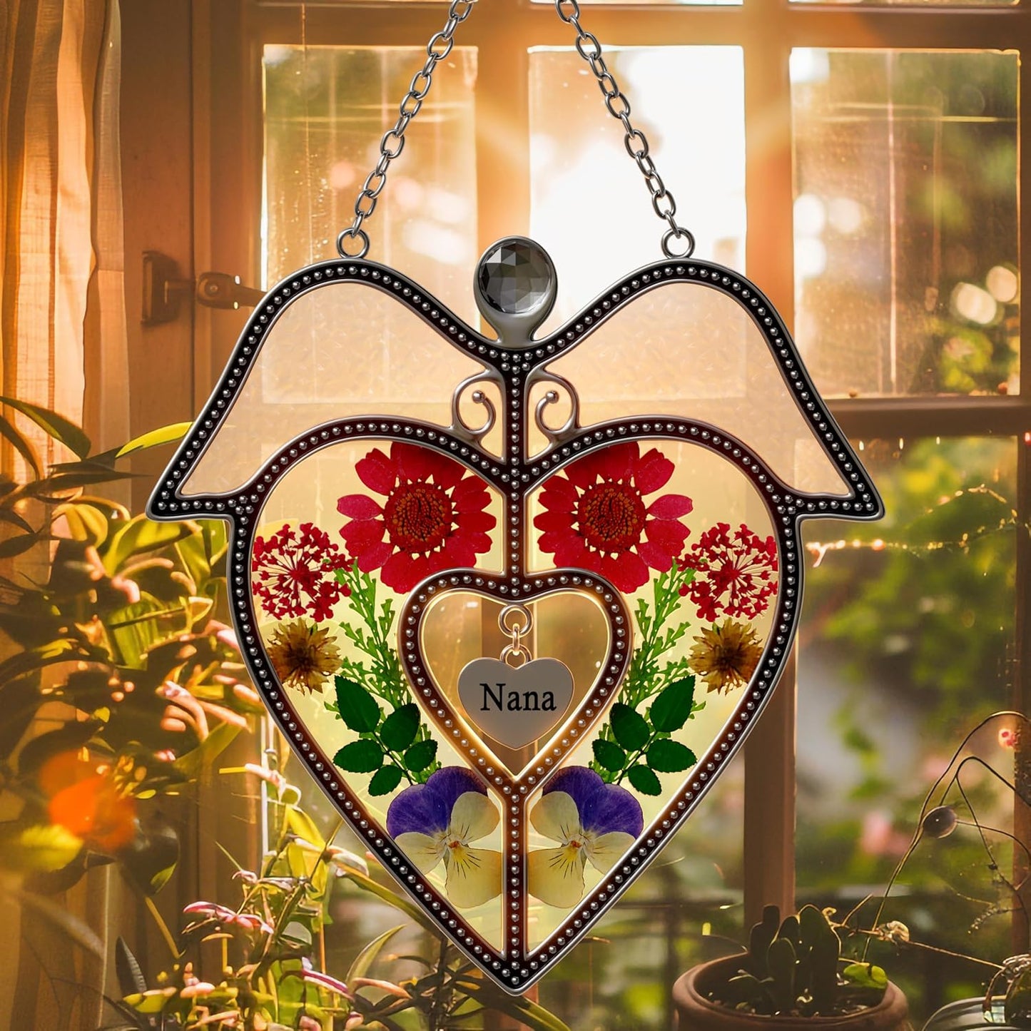 KY&BOSAM Angel Heart Suncatcher Nana Gifts Stained Glass Window Hangings Wind Chiem Ornament with Pressed Real Flowers Engraved and Metal Heart Charm Birthday Gifts for Women Mother’s Day Christmas