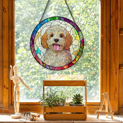 Cockapoo Dog Suncatcher Stained Glass Garden Window Hanging, Cockapoo Gifts Sun Catchers Indoor Window Glass Round Wall Decor, Dog Wall Art Hanging Decorations, ＂7.8x7.8＂