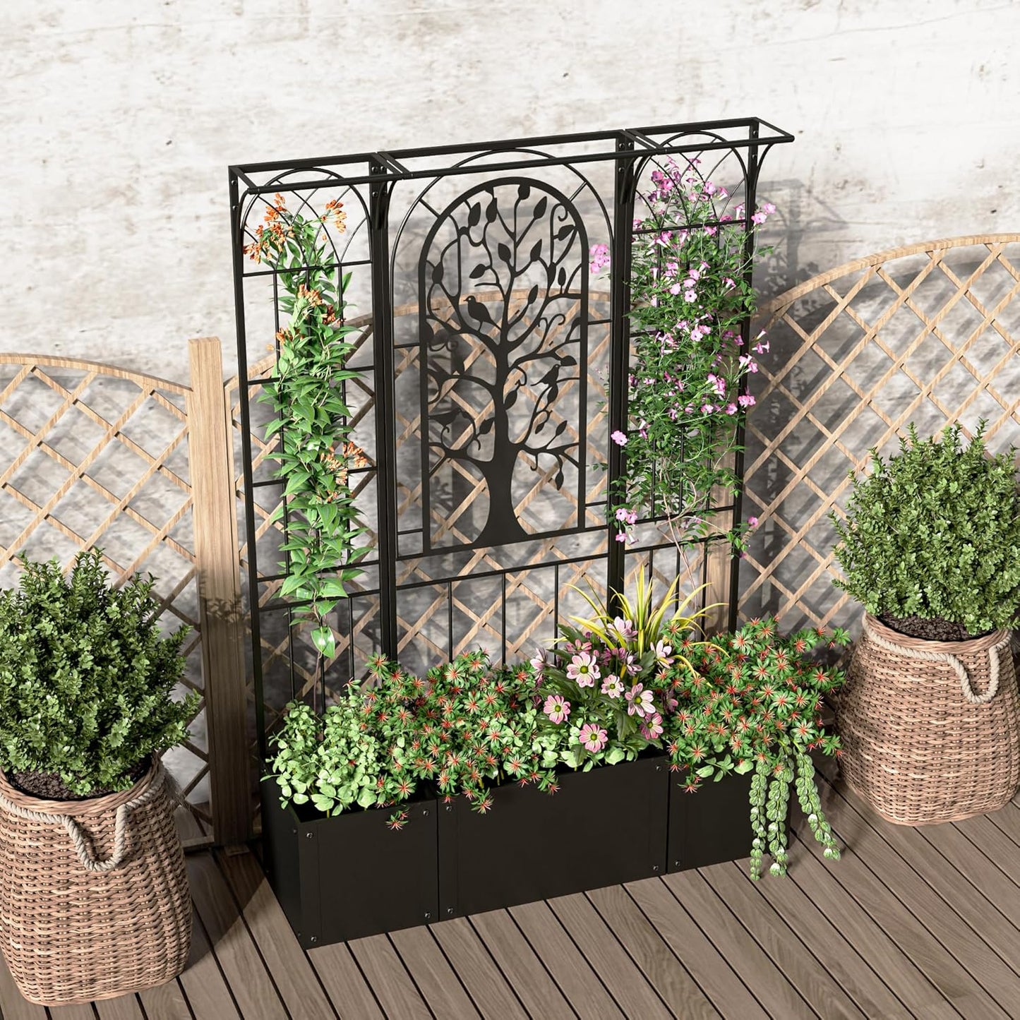 Metal Planter Box with Trellis, Raised Garden Bed with Trellis Privacy Screen, 62 inch Tall Planter Boxes for Climbing Plants, Flowers, Vegetables, Fruits, Balcony and Patio Decor (Black)