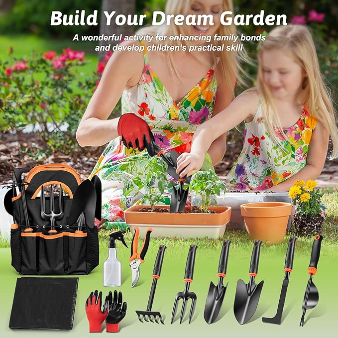 11 Pcs Garden Tools Set, HaSteeL Gardening Supplies Hand Tools Kit for Women Men Gardeners, Include Tote Bag, Reportting Mat, Transplant Trowel, Rake, Pruner for Outdoors
