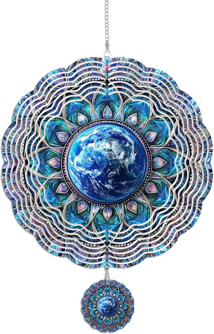 Wind Spinners Outdoor, Retro Blue Lotus Earth 3D Stainless Steel Wind Sculpture Spinner for Garden Outside Hanging Decor Mother's Day Christmas Birthday Gift for Women Men Mom Nana 13.7 in