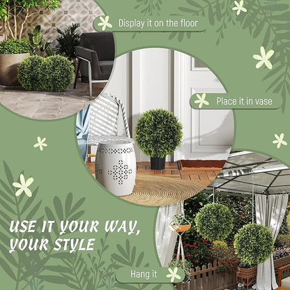HOMCOM Topiary Balls Set of 2 17.7 Inch Artificial Plant, UV-Protected Anti-Fading Faux Decorative Cedar Balls, Fake Plants for Home Indoor Outdoor Decor, Green