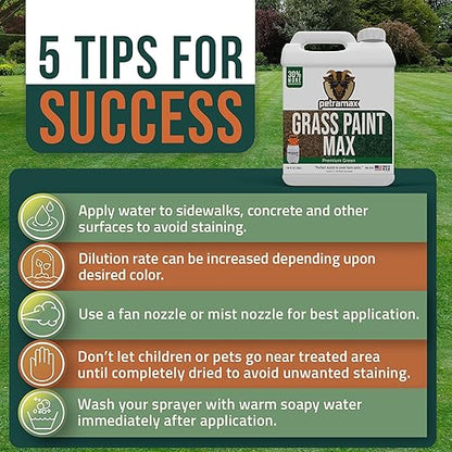 PetraMax Max Grass Paint for Lawn - Maintain Perfect Green Grass, Spray for Lawn & Shrubs Green Spray, Paint Pair with Petra Sprayers - Touch up Dog Spots - Non-Toxic Safe for Pets (Premium, 1 Gal)