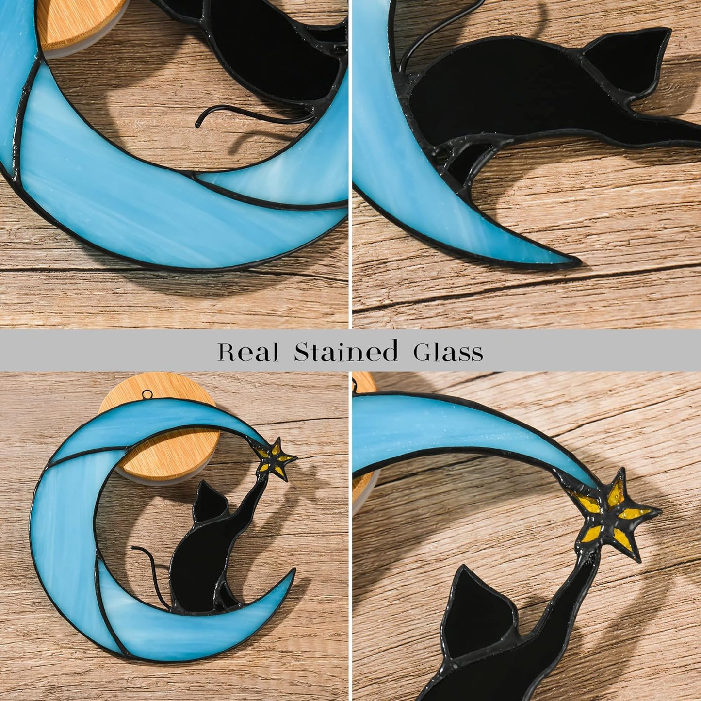 Stained Glass Cat on Moon Pick Star Window Hanging Suncatchers Memorial Gift Decor for Women (Black Cat on Blue Moon)