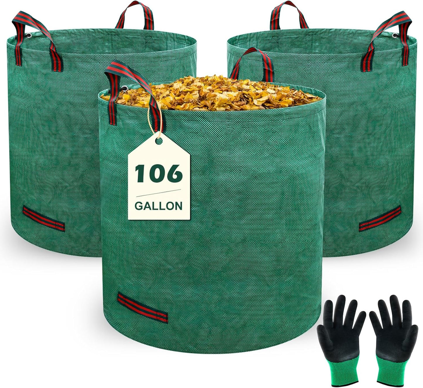 106 Gallons Lawn and Leaf Bags,Reusable Yard Waste Bags with Gardening Gloves,Heavy Duty Garden Bags with 4 Handles for Lawn Care, Camping & Recycling(3 Pack）
