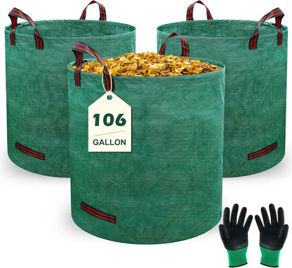 106 Gallons Lawn and Leaf Bags,Reusable Yard Waste Bags with Gardening Gloves,Heavy Duty Garden Bags with 4 Handles for Lawn Care, Camping & Recycling(3 Pack）