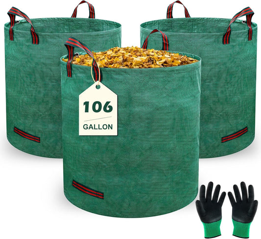 106 Gallons Lawn and Leaf Bags,Reusable Yard Waste Bags with Gardening Gloves,Heavy Duty Garden Bags with 4 Handles for Lawn Care, Camping & Recycling(3 Pack）