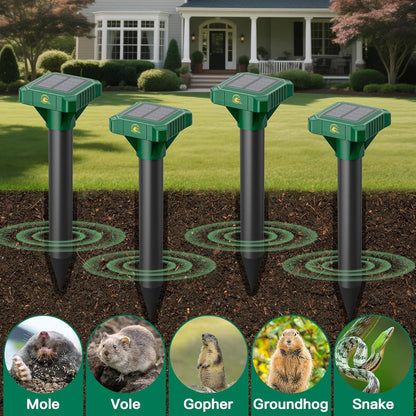 4 Pack Mole Repellent Solar Powered, IP65 Waterproof Gopher Chipmunk Repeller Outdoor, Groundhog Snake Repellent for Yard, Sonic Mole and Vole Deterrent Spikes, Effective Lawn and Garden Protection