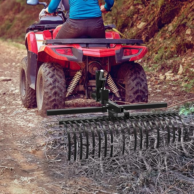 YITAMOTOR 60" Tow Behind Landscape Rake, 2" Receiver Lown Dethatcher Rack with 21 Steel Tines for ATV/UTV & 3-Point Hitch Systems Tractor, Features to 48" or 60" Toolbars for Leaves, Debris, Grass