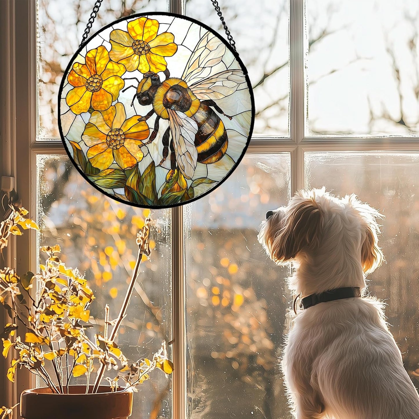 Stained Glass Window Hanging - Yellow Bees Gathering Flowers Sun Catcher for Door Garden Home Decor Cute Suncatcher Christmas Mother's Day Birthday Gifts for Women Men Mom Nana 11.8 in