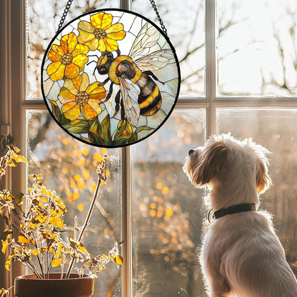 Stained Glass Window Hanging - Yellow Bees Gathering Flowers Sun Catcher for Door Garden Home Decor Cute Suncatcher Christmas Mother's Day Birthday Gifts for Women Men Mom Nana 11.8 in