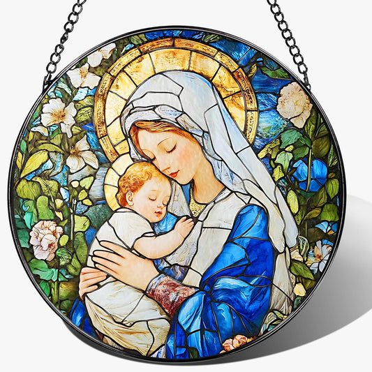 8 Inch Virgin Mary Stained Glass Suncatcher, Suncatchers for Windows Hanging, Baby Jesus Window