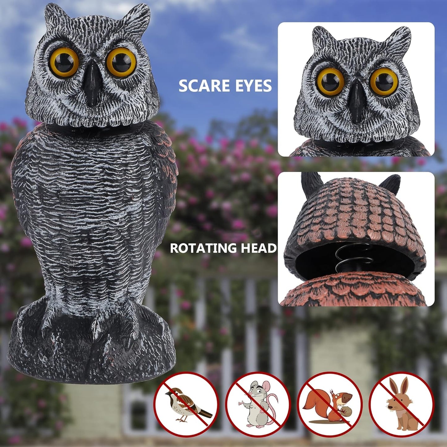 Hausse 2 Pack Bird Scarecrow Fake Owl Decoy Sculpture, Rotating Head Plastic Owl Bird Deterrents, 10.6 Inch Height Nature Enemy Horned Pest Repellent for Outdoor Garden Yard