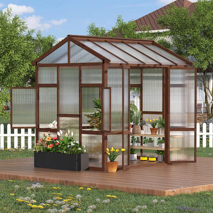 6x8 FT Wooden Greenhouse for Outdoor - Heavy Duty Walk-in Green House Kit with 6mm Polycarbonate, Ventilated Window & Lockable Door for Backyard, Patio, Lawn