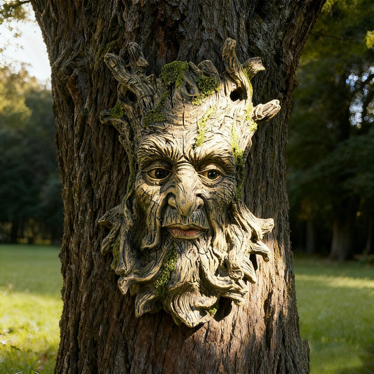 Moss Tree Face Sculpture, Funny Moss Cap Old Man Tree Hugger Statue, Indoor & Outdoor Creative Props for Garden and Home,9" x 7" x 2.4"