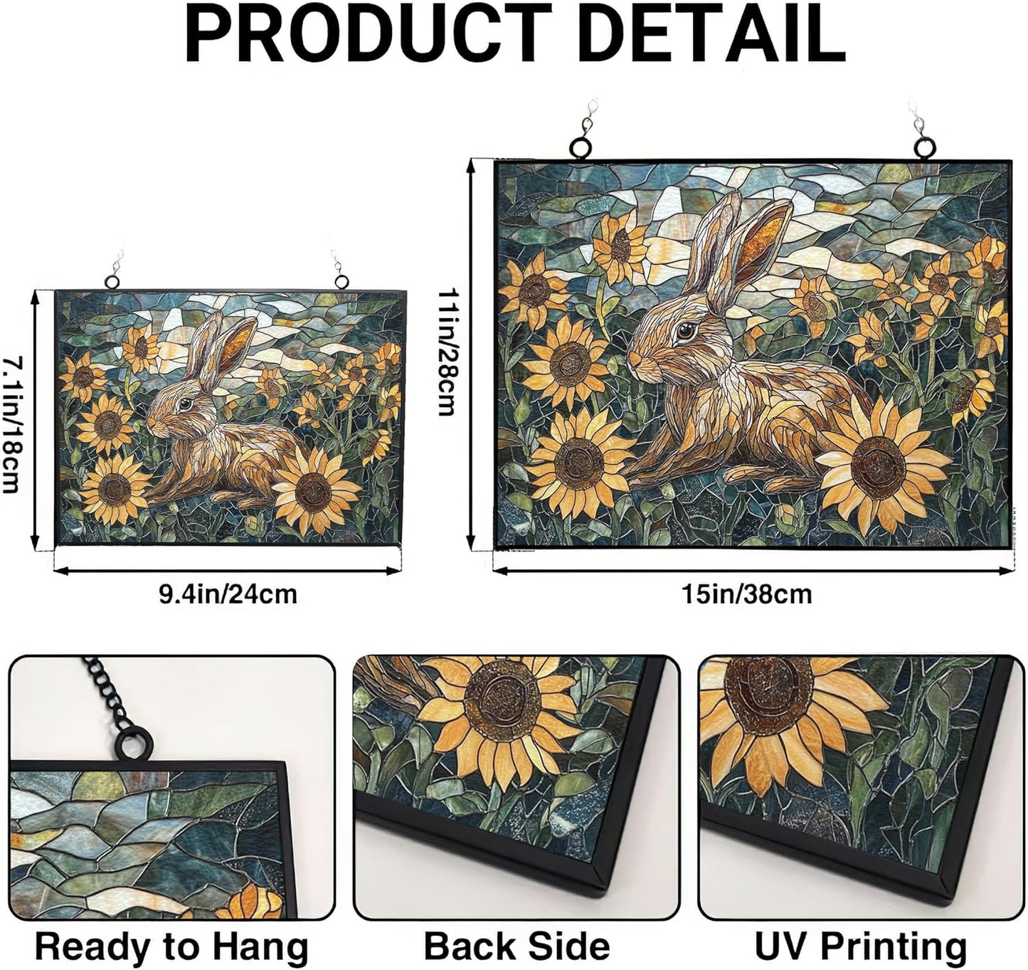 Customized Rectangle Art Nouveau Sunflower Rabbit Suncatchers for Windows, Stained Glass Window Hangings,Hand-Painted Glass Panel Perfect for Home Décor