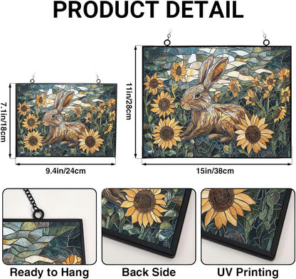 Customized Rectangle Art Nouveau Sunflower Rabbit Suncatchers for Windows, Stained Glass Window Hangings,Hand-Painted Glass Panel Perfect for Home Décor