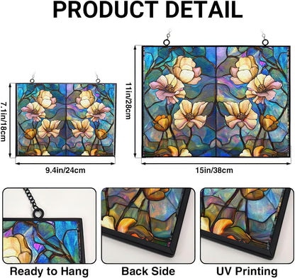 Customized Rectangle Rainbow Lotus Stained Glass Window Hanging, Suncatcher for Women, Stained Glass Window Decor Perfect Home Décor
