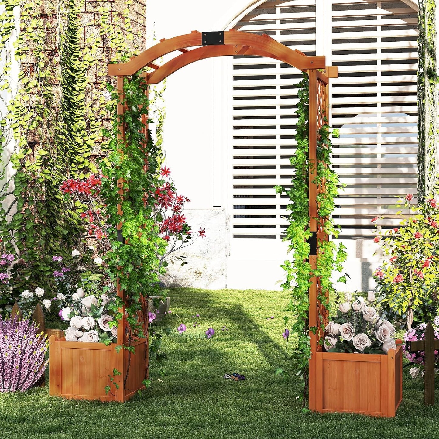 Happygrill Garden Arbor with Planter Boxes, Outdoor Wedding Arch with Trellis for Climbing Plants Vine Vegetables Herbs, Wooden Arbor Archway for Ceremony, Party (Orange)