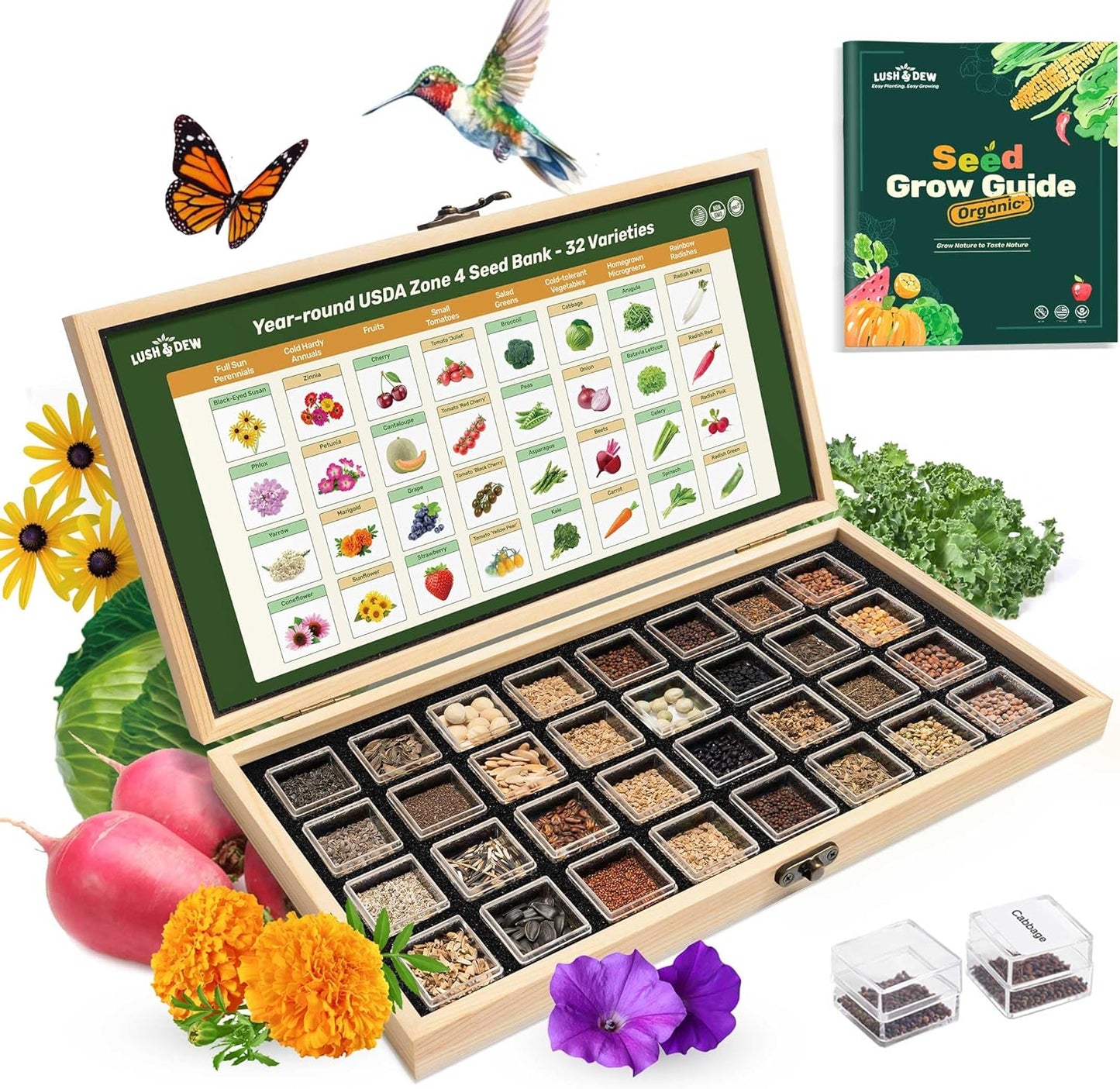 Lush&Dew Year-Round USDA Zone 4 Seed Bank, 32 Varieties Non-GMO Heirloom Seeds of Vegetables, Herbs, Gardening Gifts for Women Men, Emergency Survival Kit for Raised Garden Bed, Greenhouse
