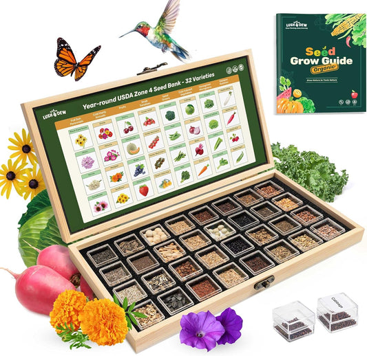 Lush&Dew Year-Round USDA Zone 4 Seed Bank, 32 Varieties Non-GMO Heirloom Seeds of Vegetables, Herbs, Gardening Gifts for Women Men, Emergency Survival Kit for Raised Garden Bed, Greenhouse