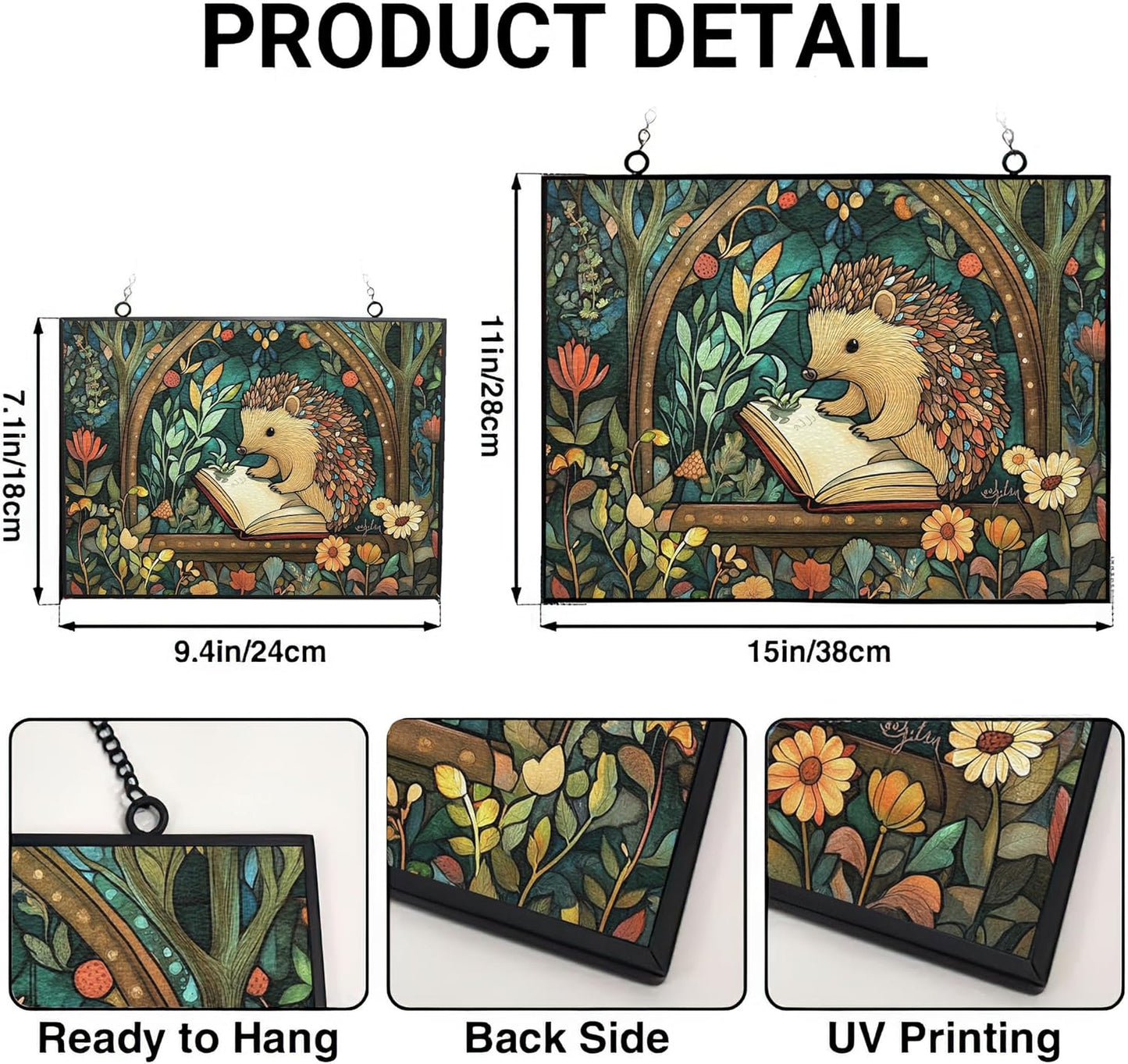 Rectangle Boho Hedgehog Drawing Plants Stained Glass Window Hanging,Hummingbird Sun Catchers Indoor Window Decor, Stained Glass Suncatcher Gifts for Women, Christmas