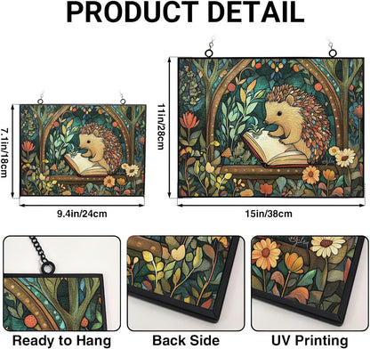 Rectangle Boho Hedgehog Drawing Plants Stained Glass Window Hanging,Hummingbird Sun Catchers Indoor Window Decor, Stained Glass Suncatcher Gifts for Women, Christmas