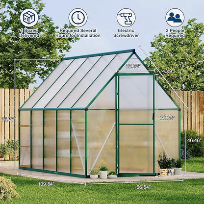 6'X9' Aluminum-Framed Polycarbonate Greenhouse, Heavy Duty Polycarbonate Greenhouse with Quick Setup Structure and Roof Vent, Large Enhanced Aluminum Greenhouses Kit for Outdoors