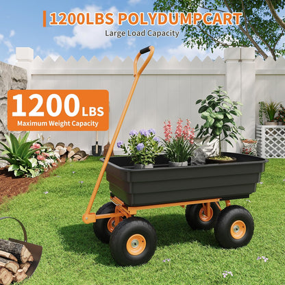 6 Cu.Ft. 1200Lbs Garden Cart Dump Wagon, Heavy-Duty 4 Wheel Wheelbarrow Yard Cart with 13-Inch All-Terrain Wheels, Features A Quick-Release Tipping Function, for Courtyards, Farm and Gardening