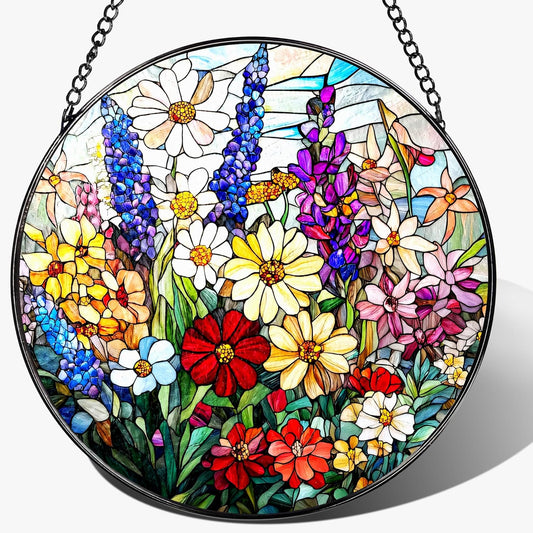 Stained Glass Window Hanging, 8 Inch Wildflower Stained Glass Suncatcher, Suncatchers for Windows