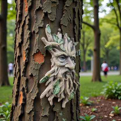Whimsical Tree Face Garden Decoration ，Tree Faces Decor Outdoor Wallmounted Statue Art with Leaf Features, Outdoor Decor Garden Accessory (Nature and Outdoors)