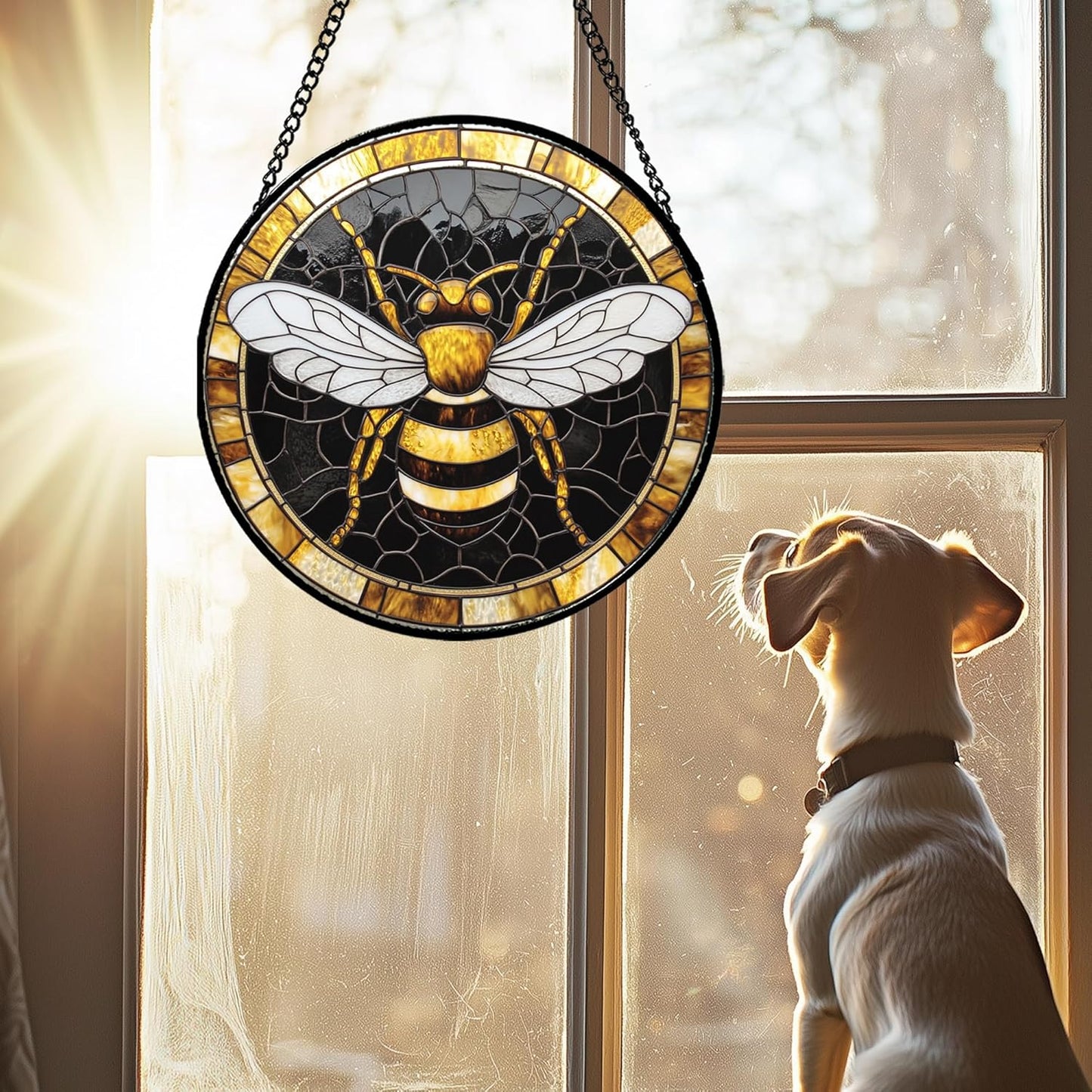 Stained Glass Window Hanging - Black Gold Bee White Wings Sun Catcher for Door Home Decor Insect Suncatcher Christmas Mother's Day Birthday Gifts for Women Men Lovers Mom Nana 6.3 in