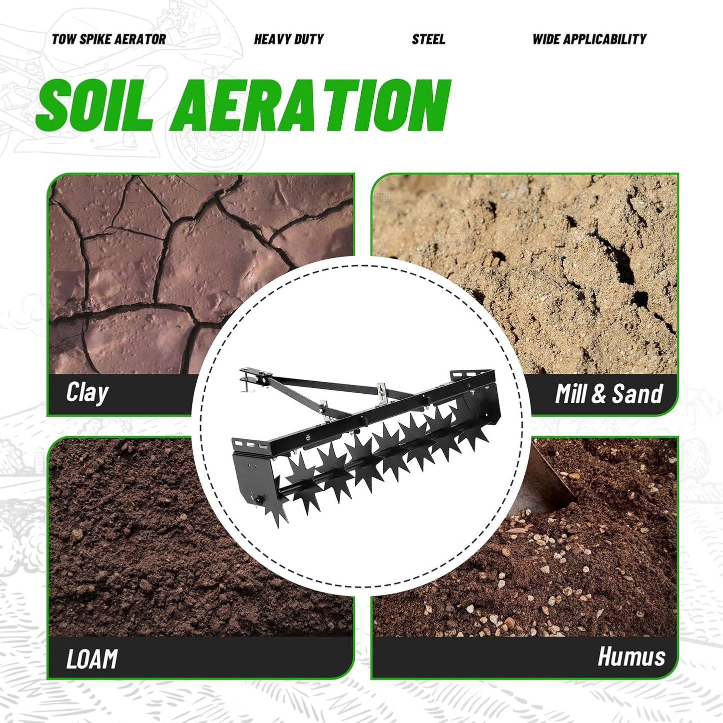 32 in Tow Behind Spike Aerator W/ 8 Spikes, Hitch Pin Attach to Lawn Tractor, Most ZTRs, ATVs Soil Mower Hitch, Lawn Soil Penetrator for Gardens, Lawns, Farms