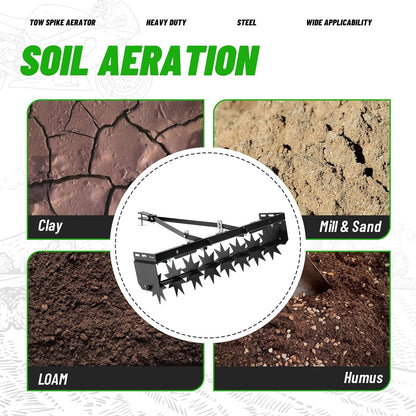 32 in Tow Behind Spike Aerator W/ 8 Spikes, Hitch Pin Attach to Lawn Tractor, Most ZTRs, ATVs Soil Mower Hitch, Lawn Soil Penetrator for Gardens, Lawns, Farms