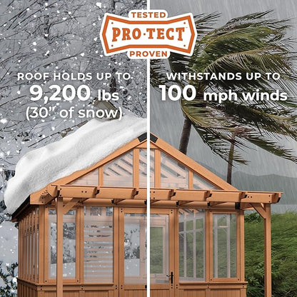 Backyard Discovery Bellerose XL 13' x 11' Cedar Wood and Polycarbonate Walk-in Greenhouse Kit with Pergola, Exhaust Fan, Windows, Hose Hook-Ups, PowerPort, Staging Shelves for Outdoor Gardening