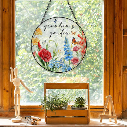 Grandma's Garden Flower Suncatcher Stained Glass Window Hanging, Grandma's Garden Gifts Sun Catchers Indoor Window Glass Round Wall Decor, Floral Wall Art Hanging Decorations, ＂7.8x7.8＂