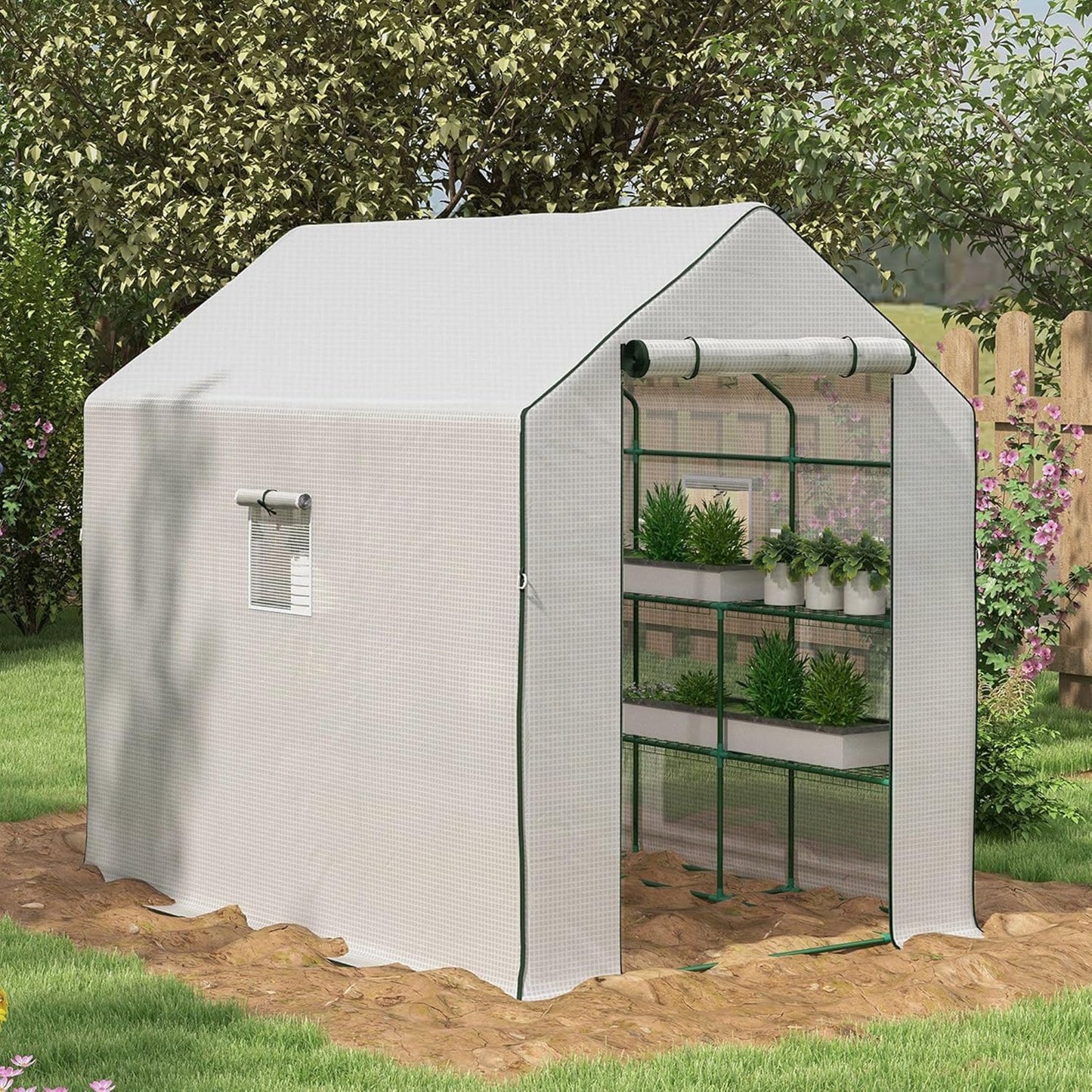 Outsunny 4.6' x 4.7' Portable Greenhouse, Water/UV Resistant Walk-in Small Outdoor Green House with 2 Tier U-Shaped Flower Rack Shelves, Roll Up Door & Windows, White