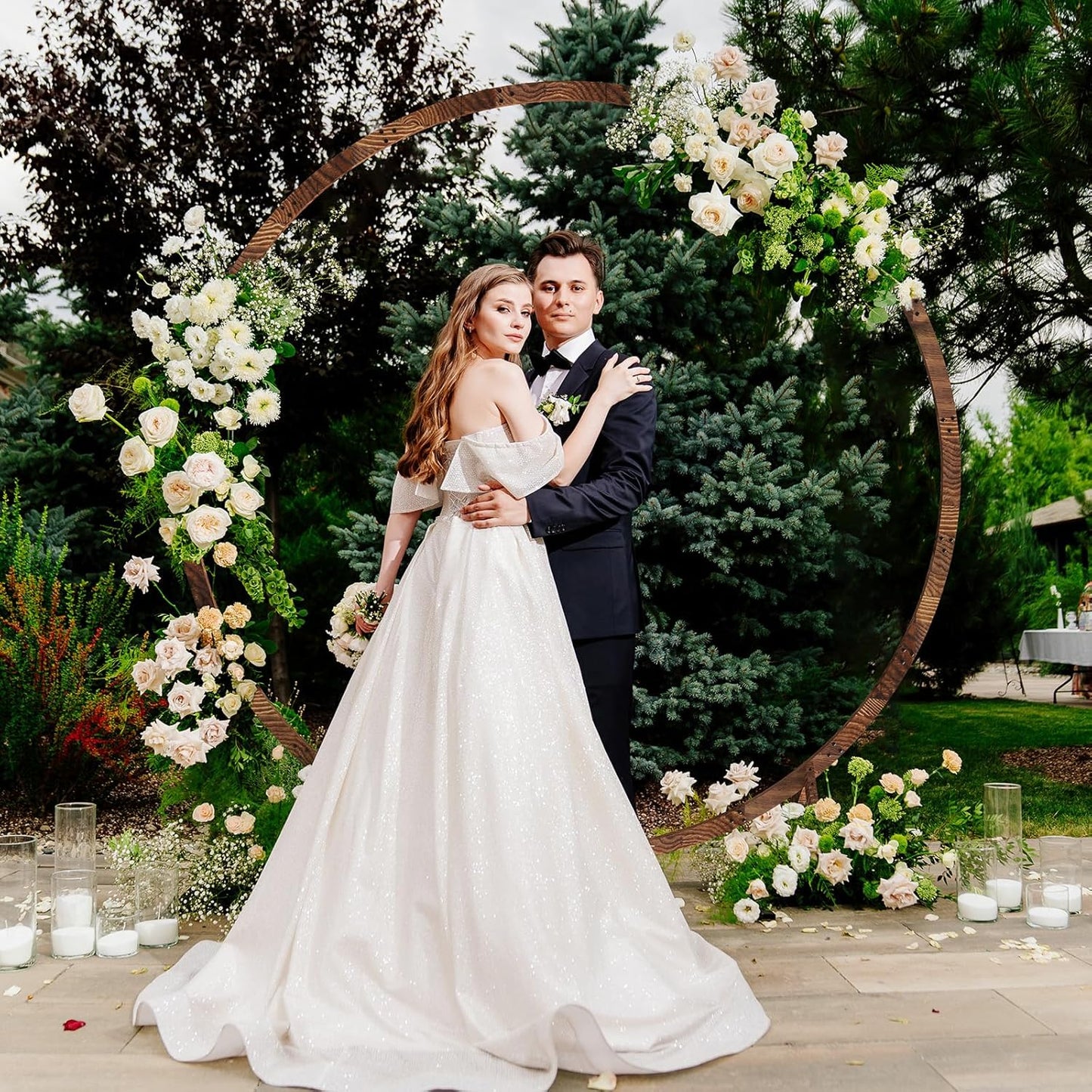 6.6FT Round Wooden Wedding Arch, Wooden Arch Backdrop with Natural Finish, Rustic Wedding Arch for Ceremony Bridal Shower Garden Decor