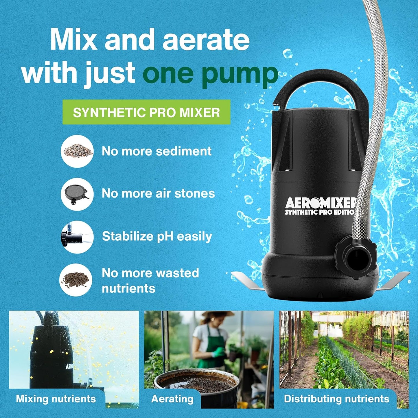 Aeromixer Synthetic 3/4 HP Submersible Mixing + Aerating Pump - Submersible Water Pump for Nutrient Mixing and Aerating, Electric Garden Water Pumps, Heavy Duty Outdoor Pumps for Farming and Gardening