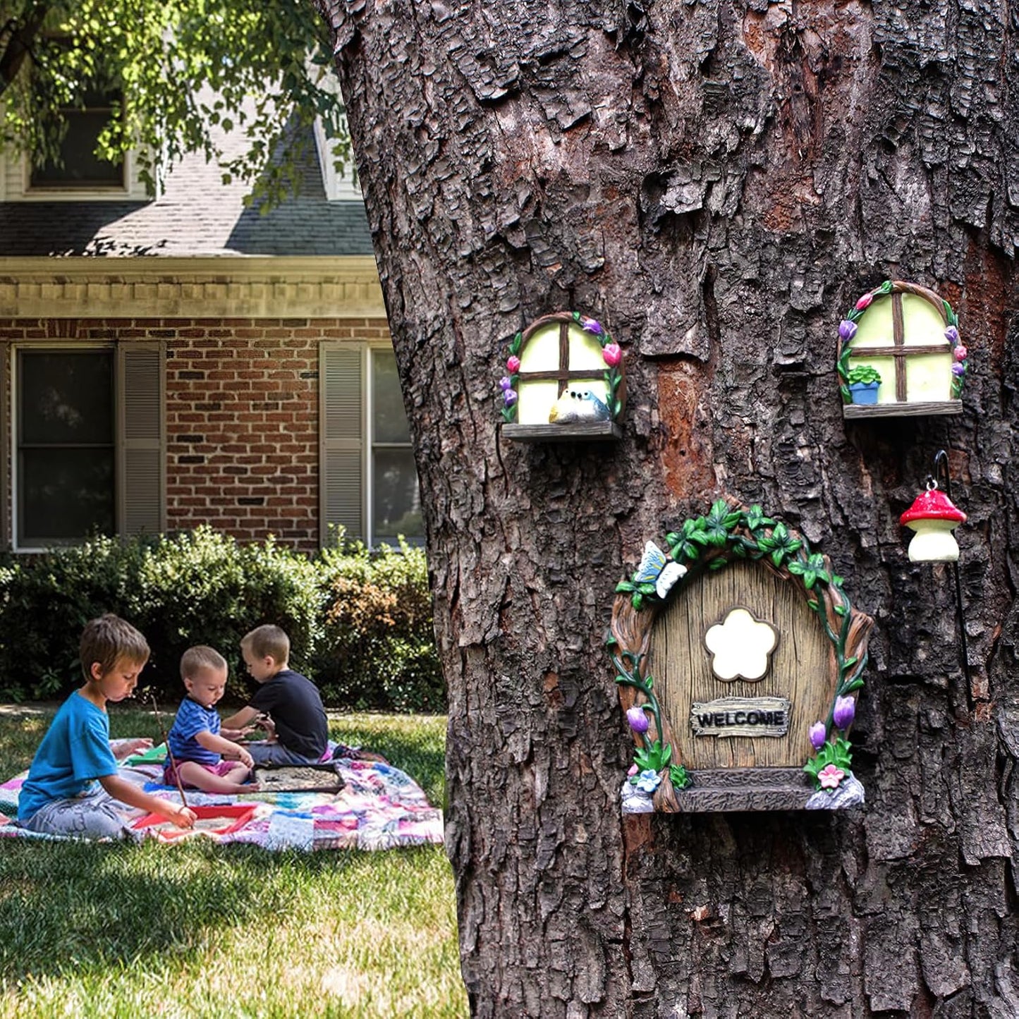 Fairy Door and Windows Garden Kit Accessories Outdoor, Glow in Dark Gnome House for Tree, Lawn Yard Art Sculpture, Miniature Garden Decor (Butterfly)