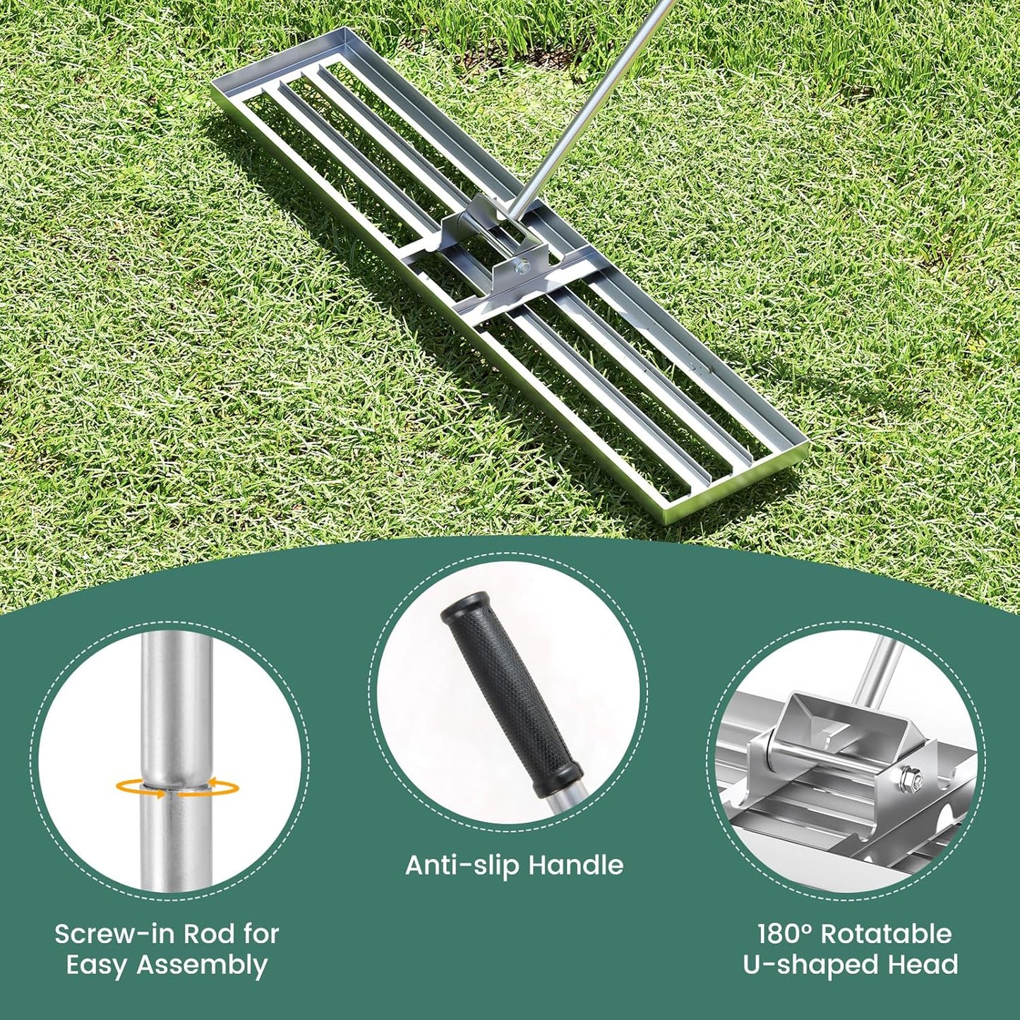 Goplus Lawn Leveling Rake, 46" x 10" Heavy Duty Level Lawn Tool w/ Ergonomic Handle for Soil, Effort-Saving Landscape Rake for Garden, Backyard, Golf Course, Farm, Pasture, Silver