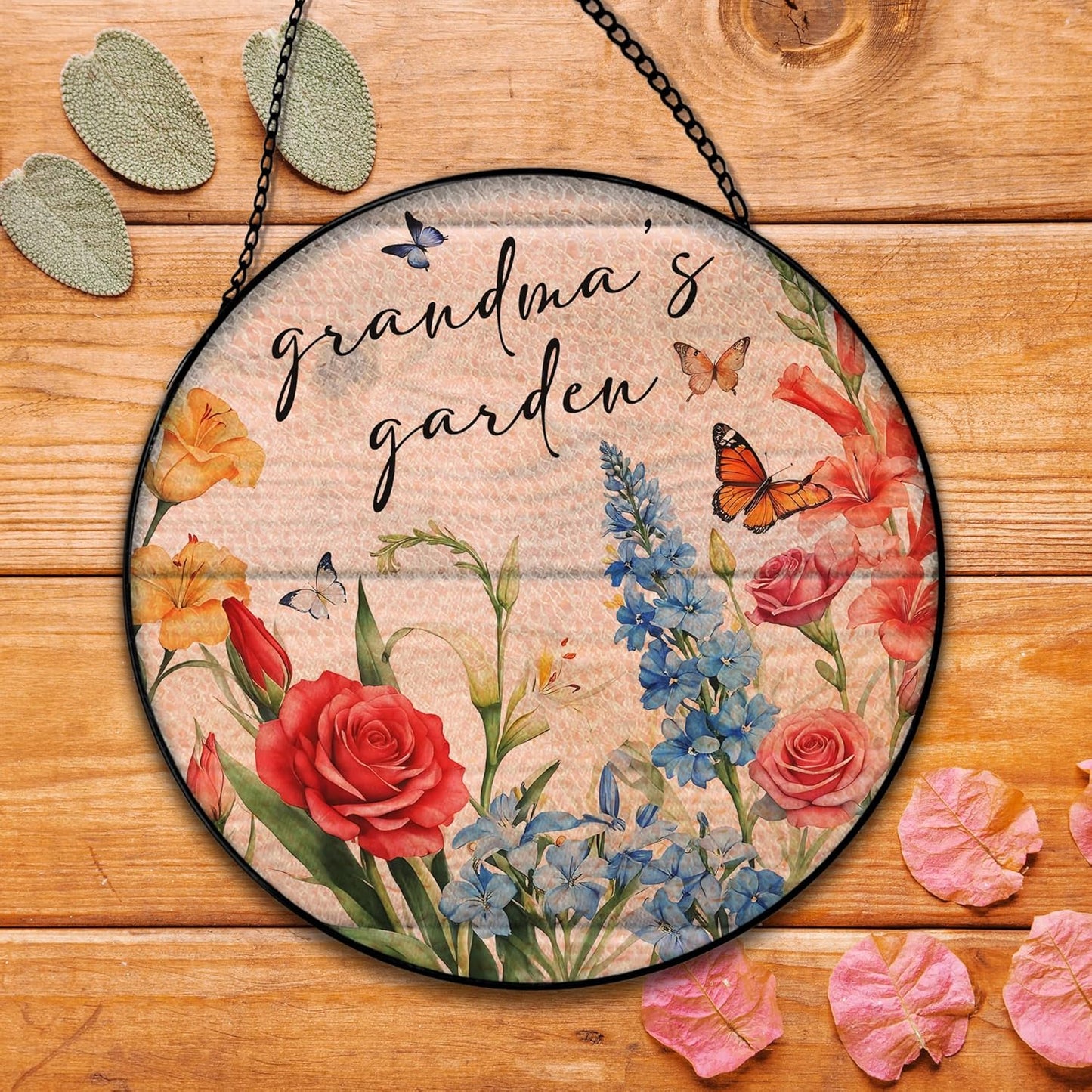 Grandma's Garden Flower Suncatcher Stained Glass Window Hanging, Grandma's Garden Gifts Sun Catchers Indoor Window Glass Round Wall Decor, Floral Wall Art Hanging Decorations, ＂7.8x7.8＂