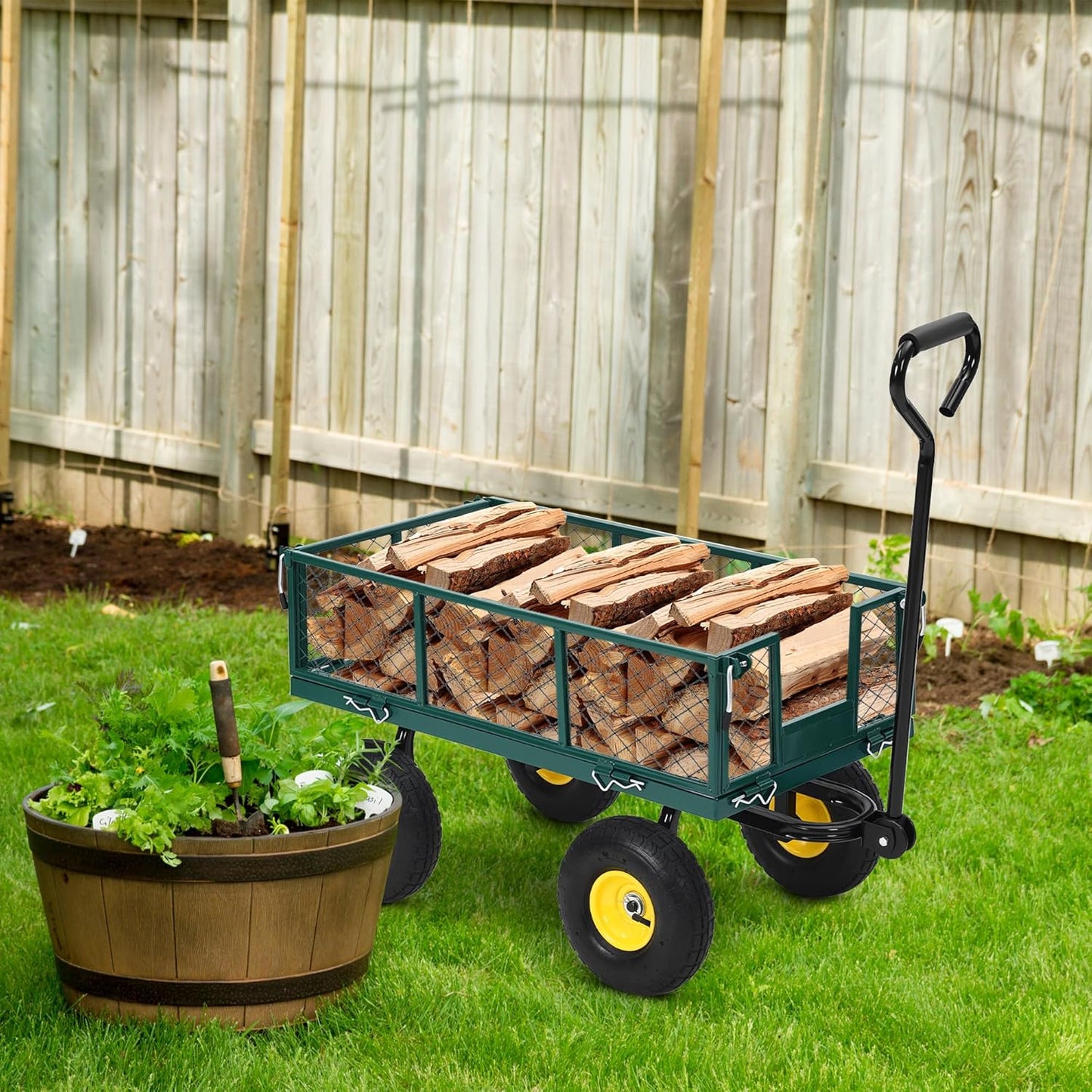 Heavy-Duty Steel Garden Cart, 550 Lb Yard Dump Metal Cart with 4-Side Removable Mesh and All Terrain 10" Tires, Flatbed Convertible Yard Wagon, Green