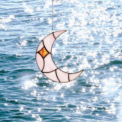 Moon Stained Glass Window Hanging Suncatchers，Handcrafted Art Glass Crescent Moon Decorations Indoor Window Gift for Women, Christmas,Thanksgiving (Pink)