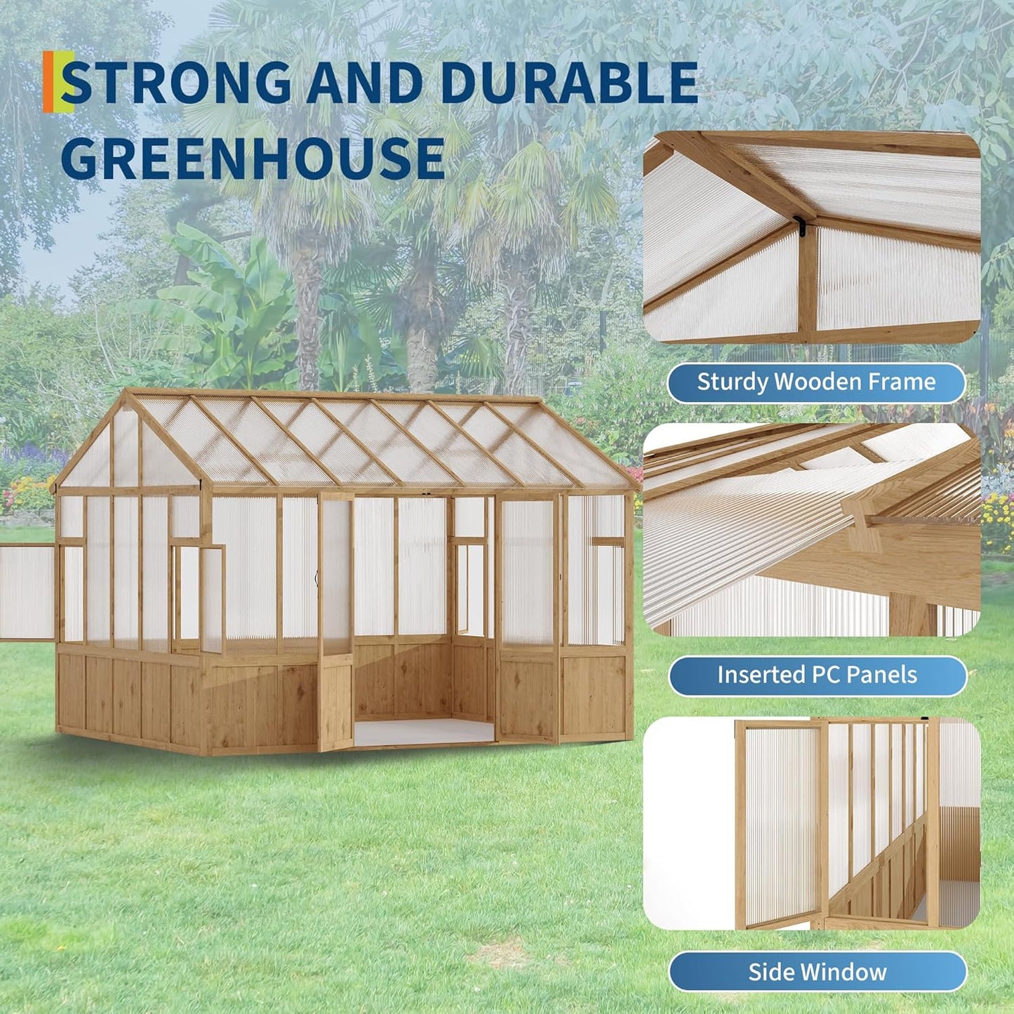 10X12 FT Heavy Duty Wooden Greenhouse for Outdoor - Walk-in Green House Kit with 6mm Polycarbonate, Ventilated Window & Lockable Door for Backyard, Patio, Lawn