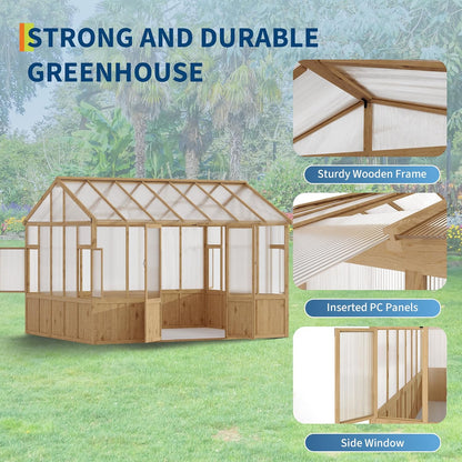 10X12 FT Heavy Duty Wooden Greenhouse for Outdoor - Walk-in Green House Kit with 6mm Polycarbonate, Ventilated Window & Lockable Door for Backyard, Patio, Lawn