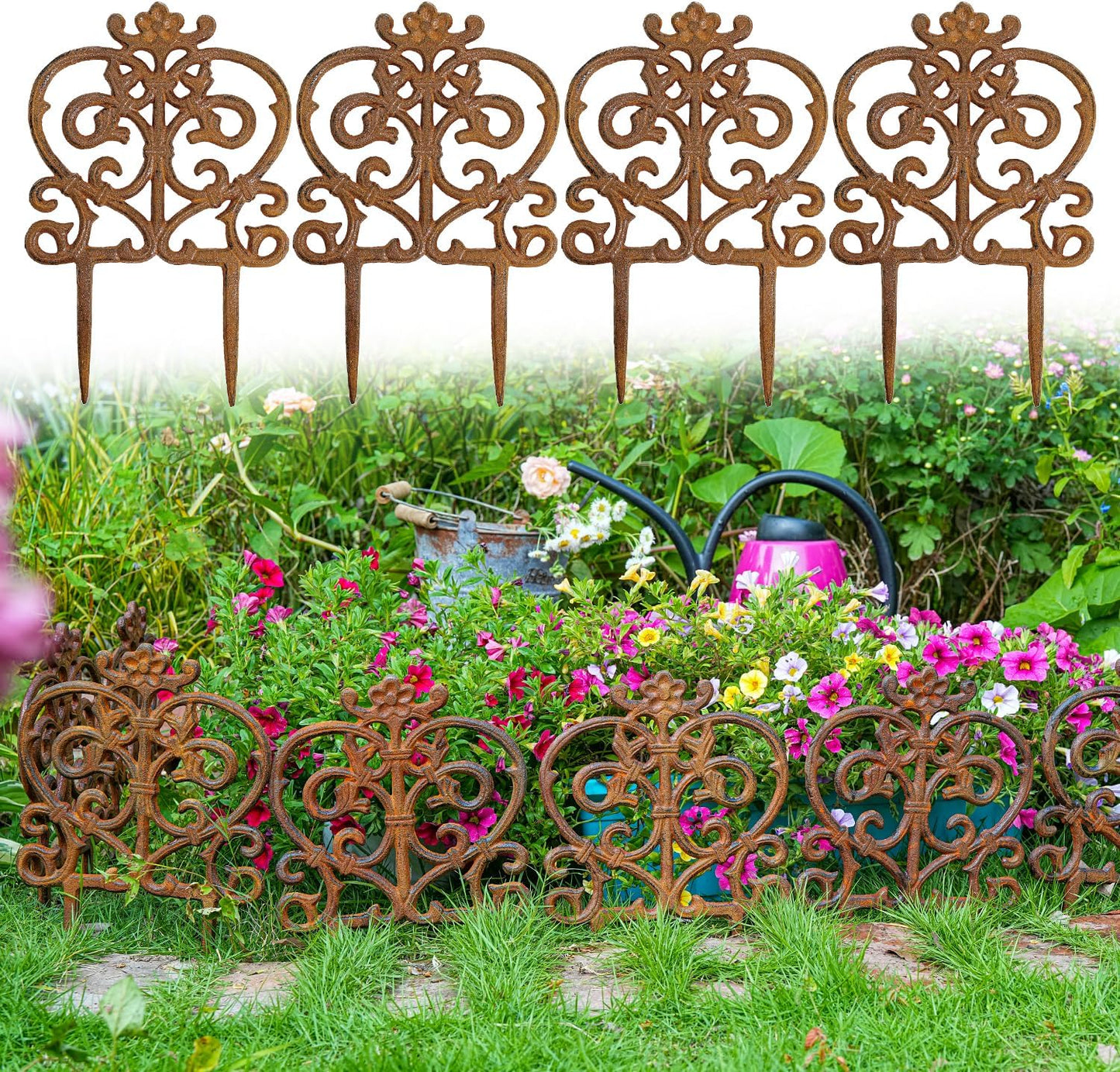 Sungmor Decorative Cast Iron Garden Edging, 4 Pack Full Rusted Victorian Garden Edging Landscape Border, Vintage Metal Yard Stake Low Picket Fence, 11.8" Tall Outdoor Flower Bed Lawn Fence Panels