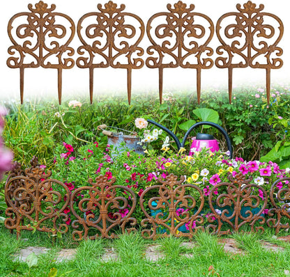 Sungmor Decorative Cast Iron Garden Edging, 4 Pack Full Rusted Victorian Garden Edging Landscape Border, Vintage Metal Yard Stake Low Picket Fence, 11.8" Tall Outdoor Flower Bed Lawn Fence Panels